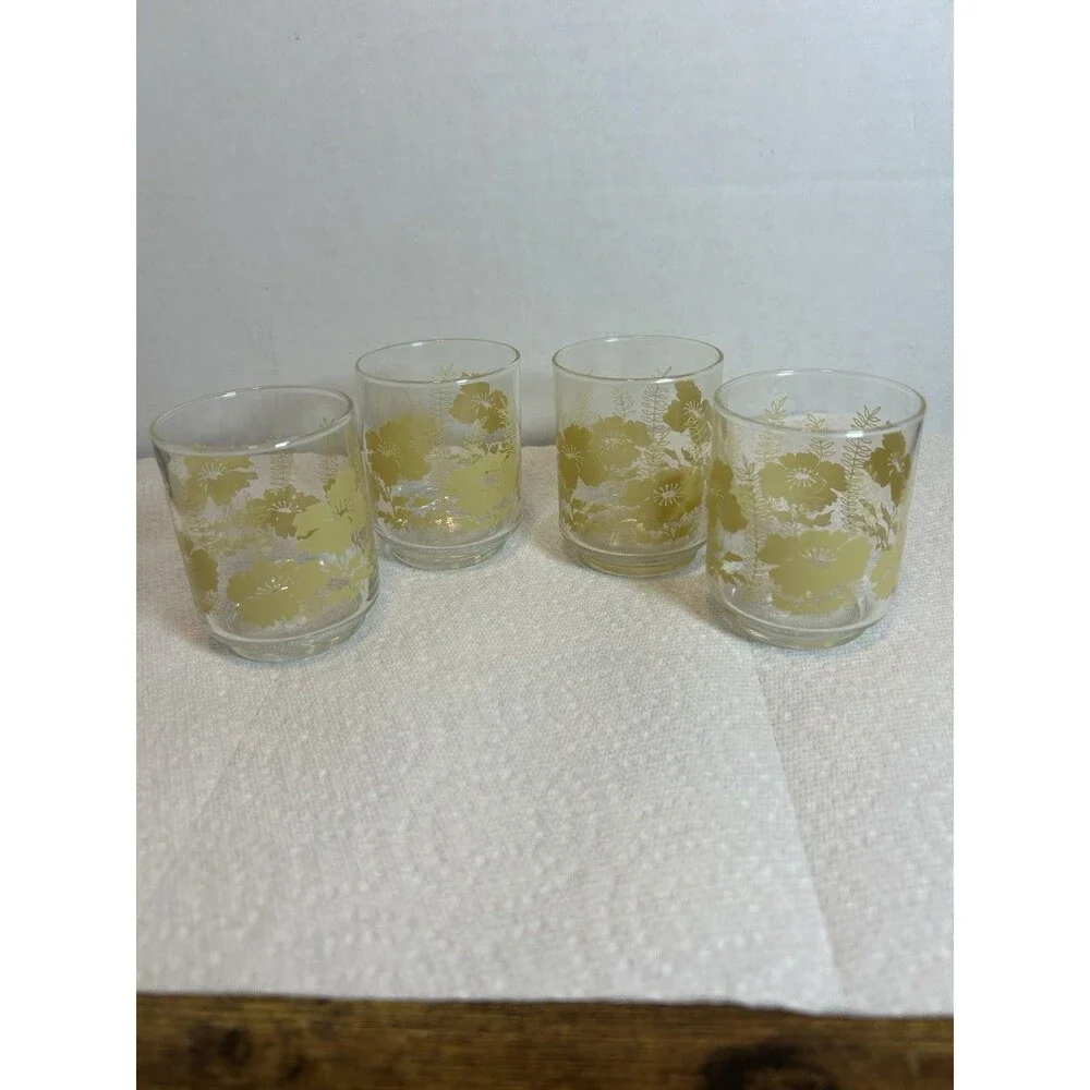 Vintage 70’s Libbey Yellow Hibiscus Fern Juice Glasses Set of 4 Retro Floral MCM